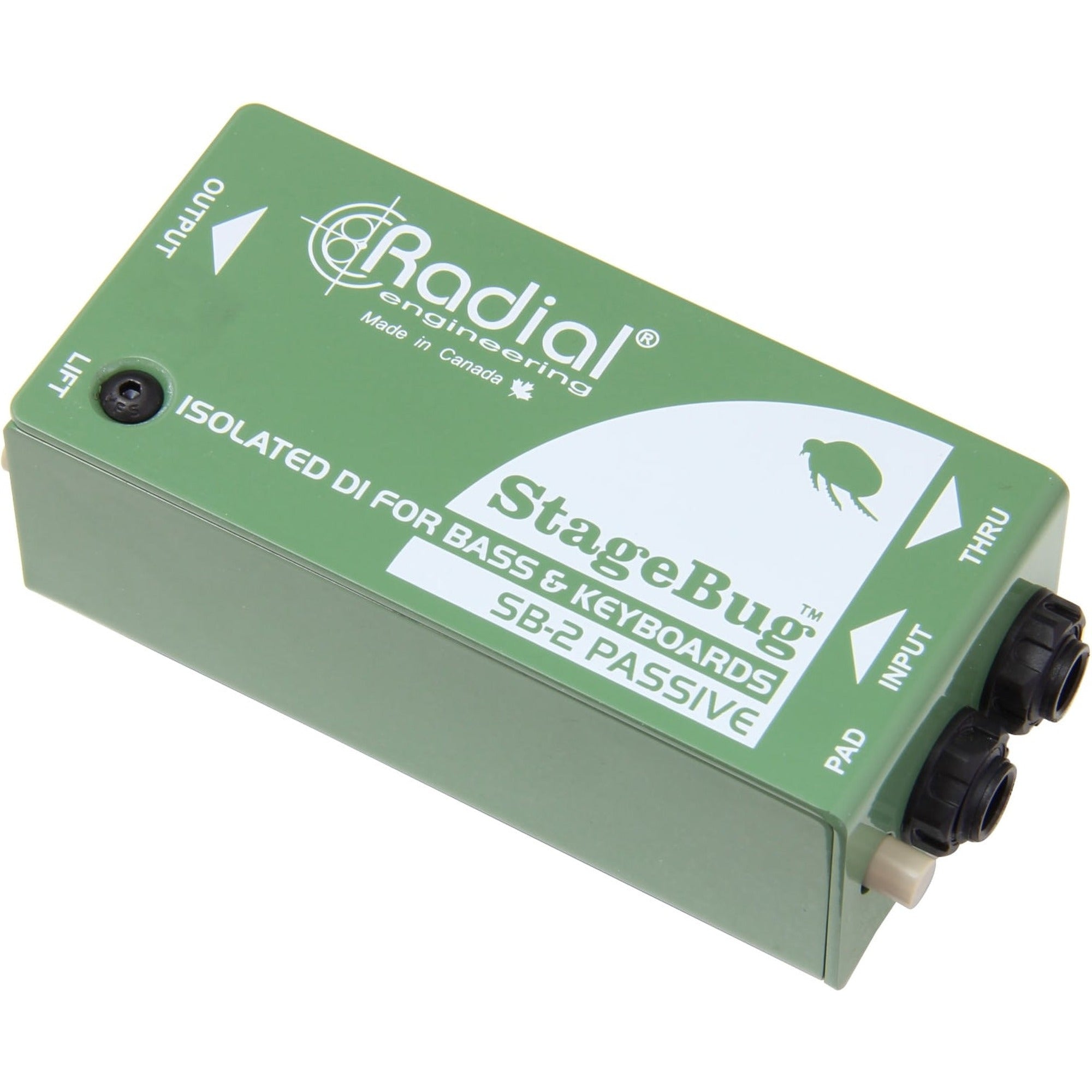 Radial Engineering StageBug SB-2 DI box showing compact design with input and output jacks, ideal for live sound and recording setups.