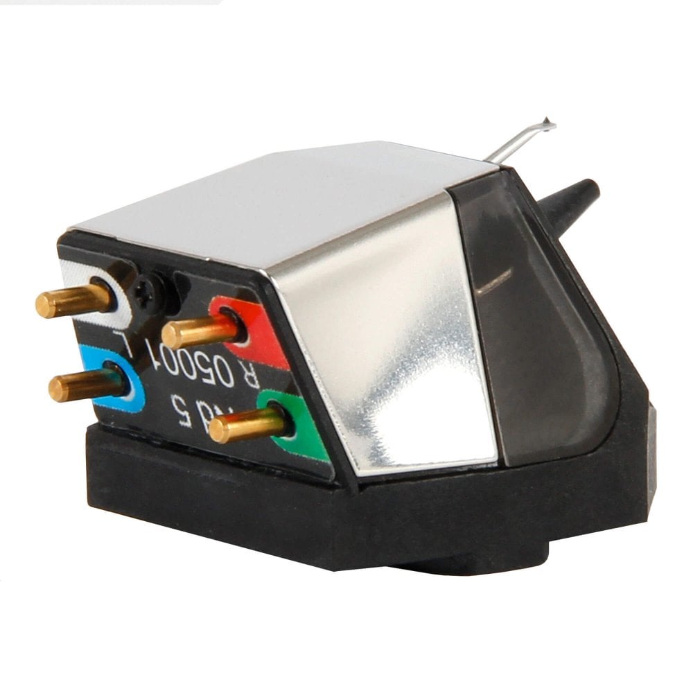 Rega ND5 moving magnet turntable cartridge mounted on a turntable, showcasing the Rega audio equipment for vinyl playback.