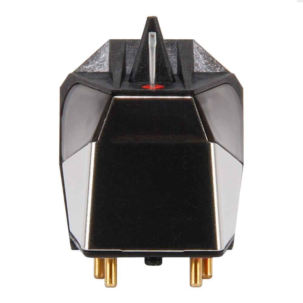 Rega ND5 moving magnet turntable cartridge mounted on a turntable for high-quality vinyl playback.