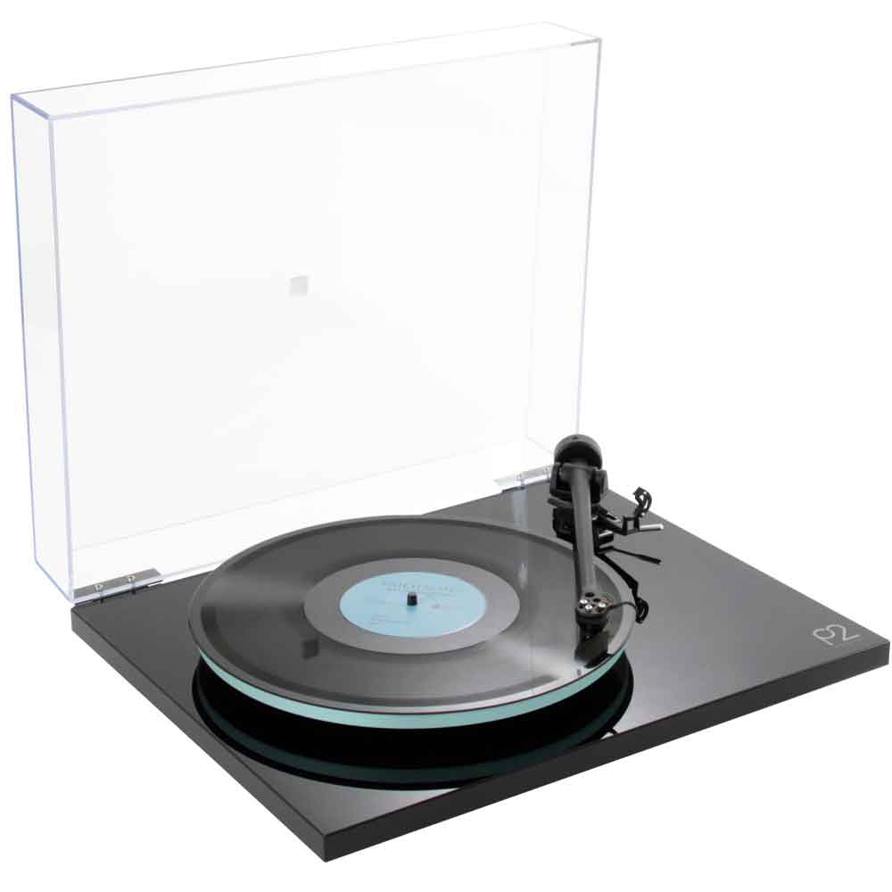 Rega Planar 2 turntable with Nd3 cartridge in glossy black, featuring sleek design and high-quality audio components.