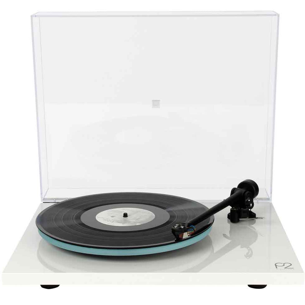 Rega Planar 2 turntable with Nd3 cartridge in gloss white, showcasing its sleek design and high-quality audio components.