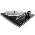 Black Rega Planar 2 turntable with Nd3 cartridge, featuring a sleek design and tonearm for high-quality vinyl playback.