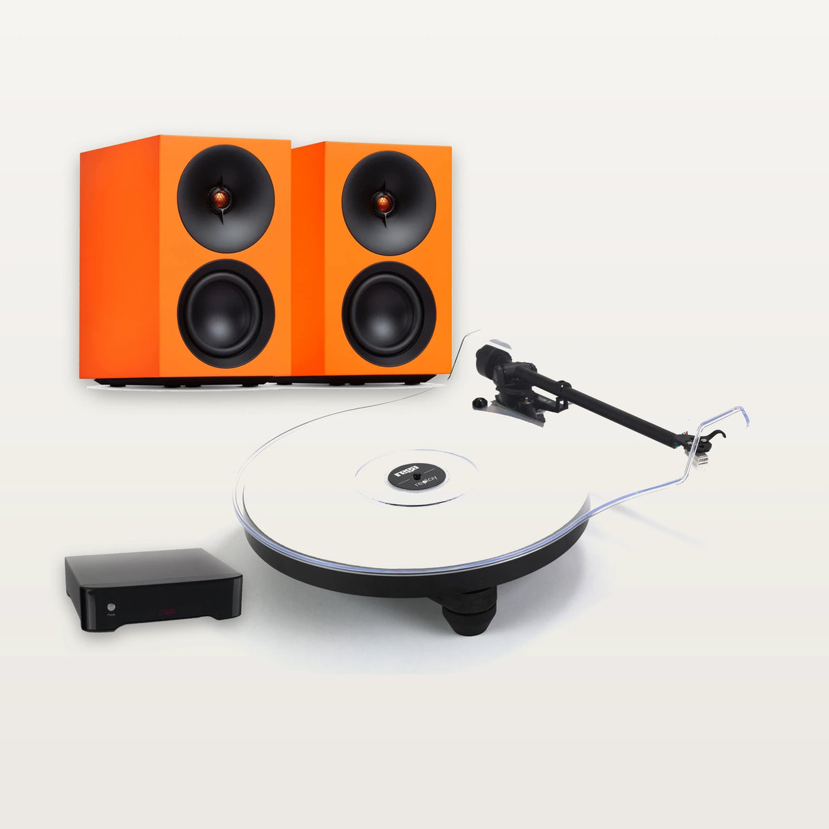 Rega Replay turntable, Fono MM phono stage and Cambridge Audio L/R S speakers vinyl system in Orange