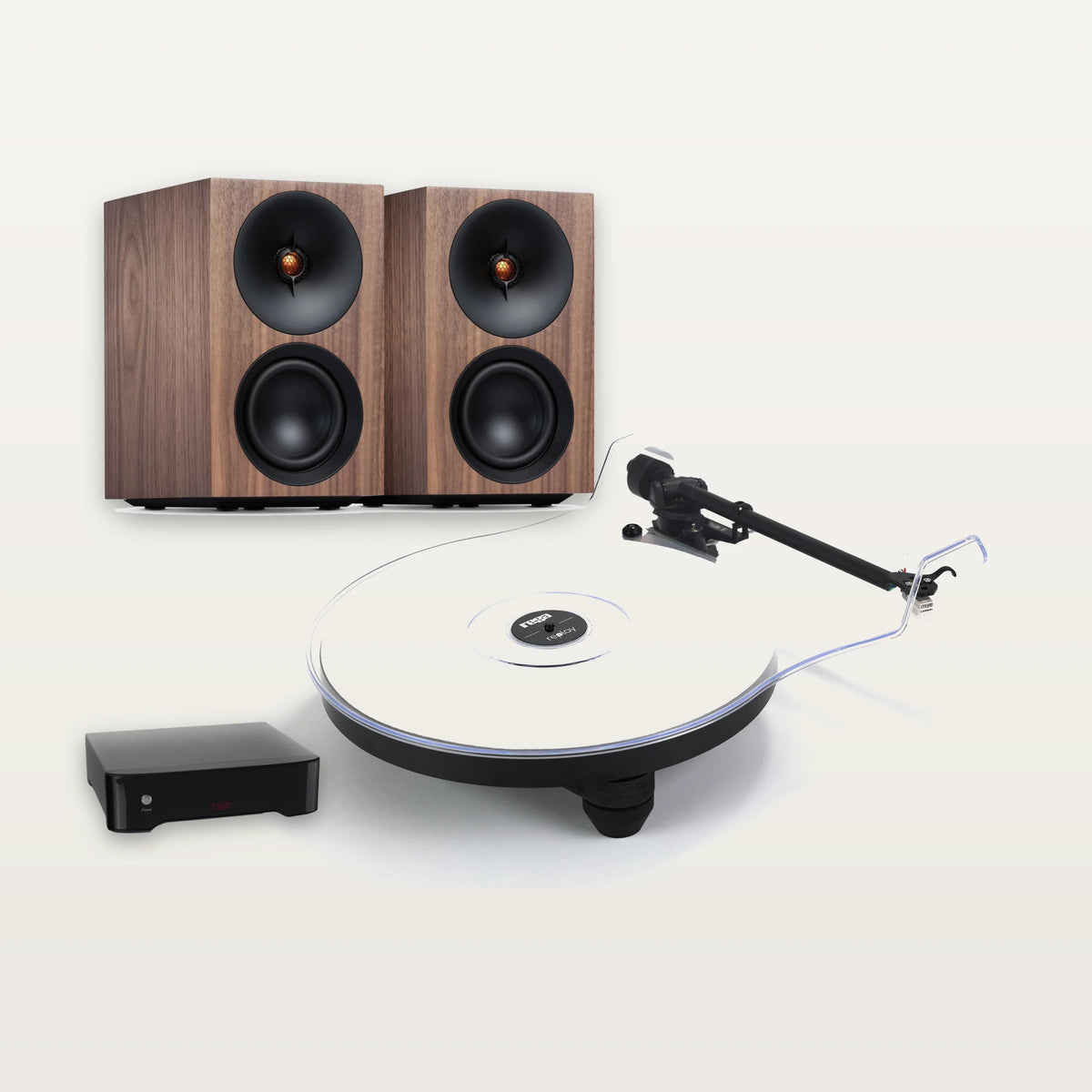 Rega Replay turntable, Fono MM phono stage and Cambridge Audio L/R S speakers vinyl system in Walnut
