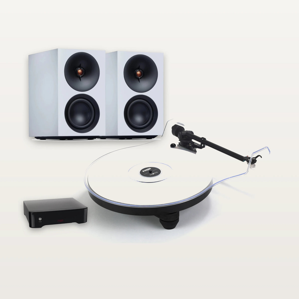 Rega Replay turntable, Fono MM phono stage and Cambridge Audio L/R S speakers vinyl system in White
