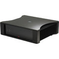 Rega Solis stereo amplifier with sleek black design, multiple control knobs, and input ports for high-quality audio performance.