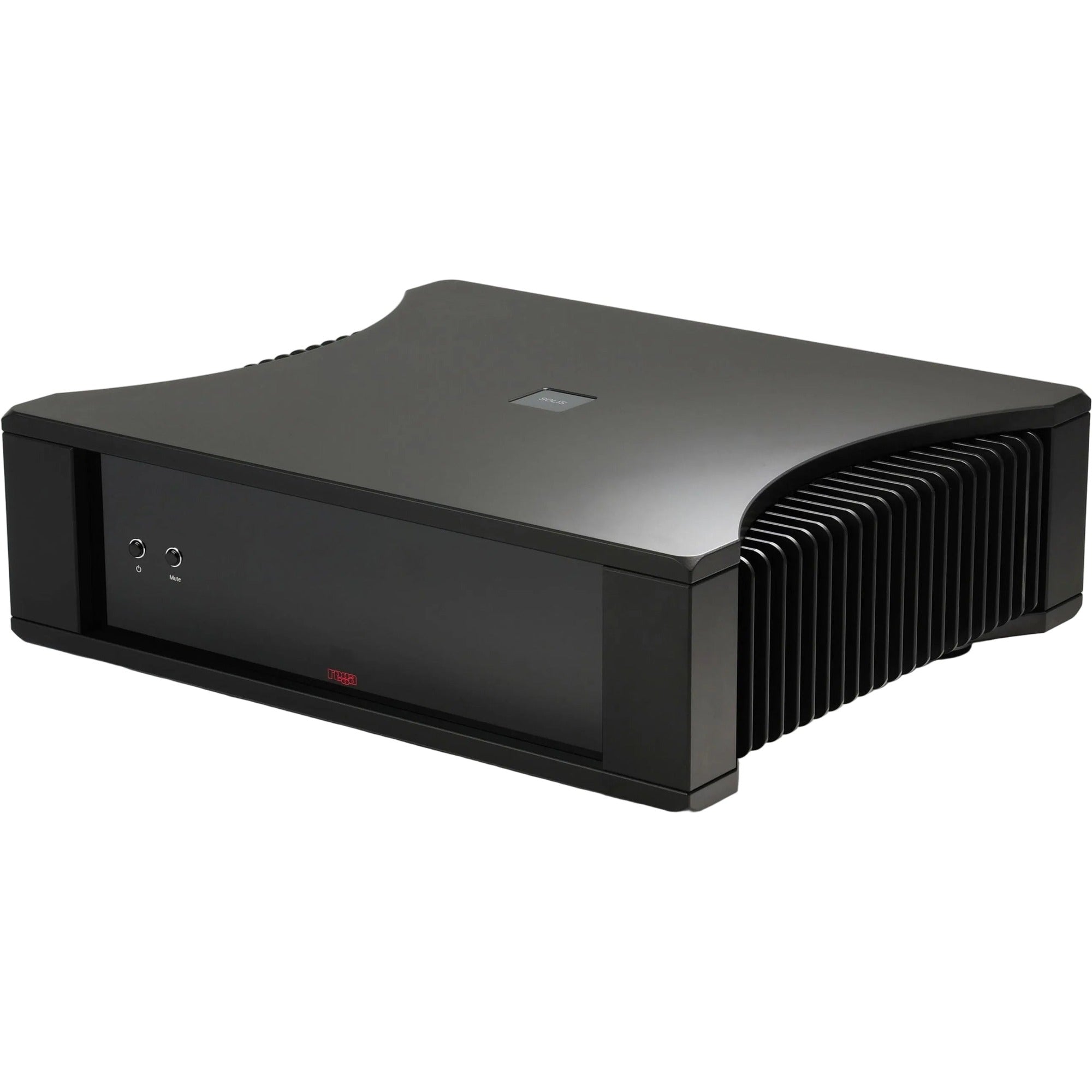 Rega Solis stereo amplifier with sleek black design, multiple control knobs, and input ports for high-quality audio performance.