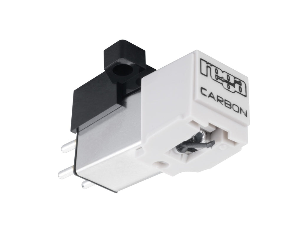 Rega Carbon MM turntable cartridge shown from a right low angle, featuring a sleek design and stylus tip for high-quality audio.