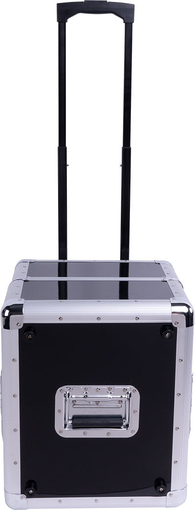 Reloop 120 Trolley DJ record case with sturdy wheels and handle, designed for transporting vinyl records safely.