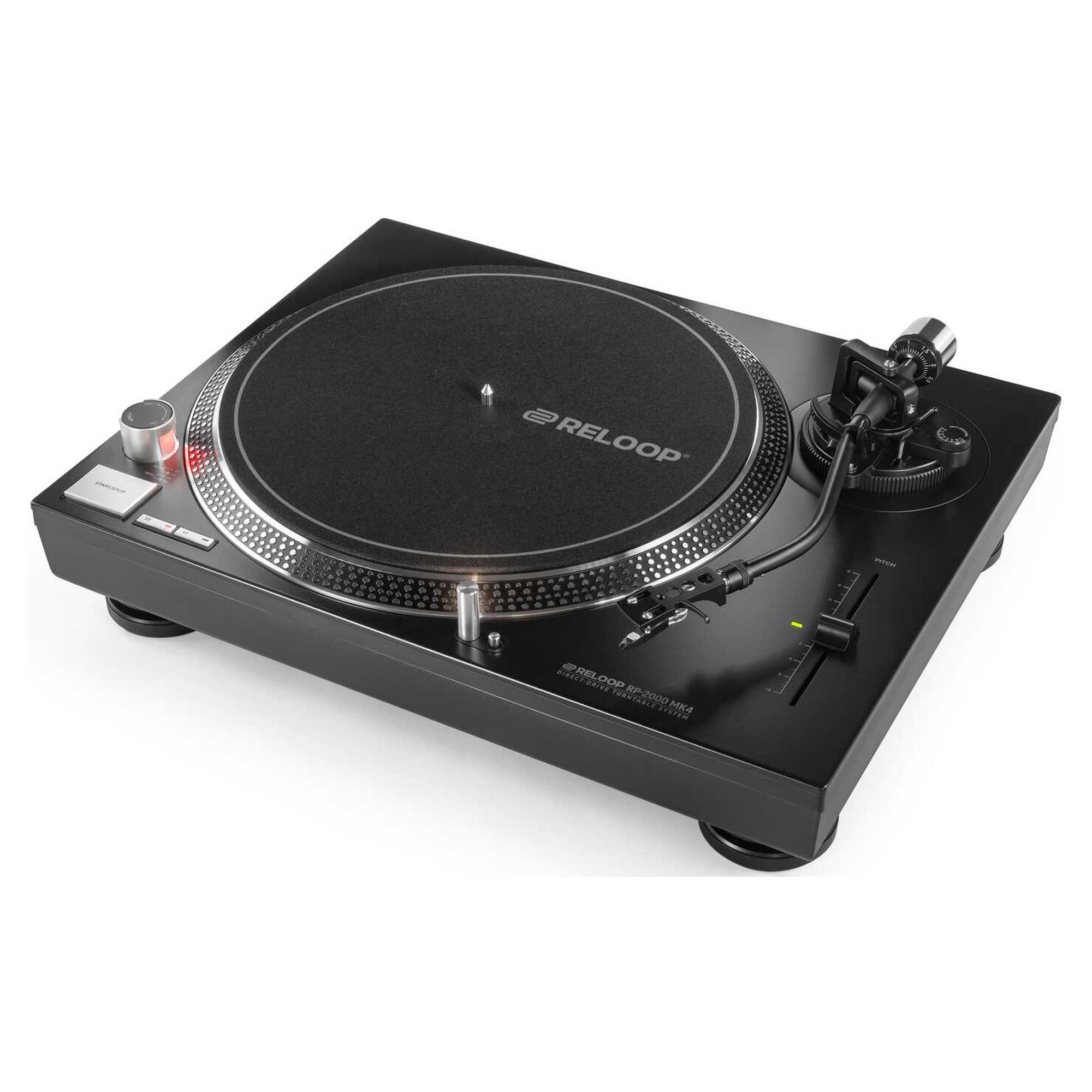 Reloop RP-2000 MK4 Black direct-drive DJ turntable, angled view