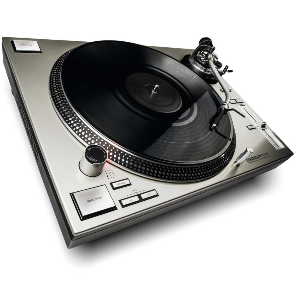 Reloop RP-7000 MK2 DJ turntable, silver, close-up of controls and tonearm