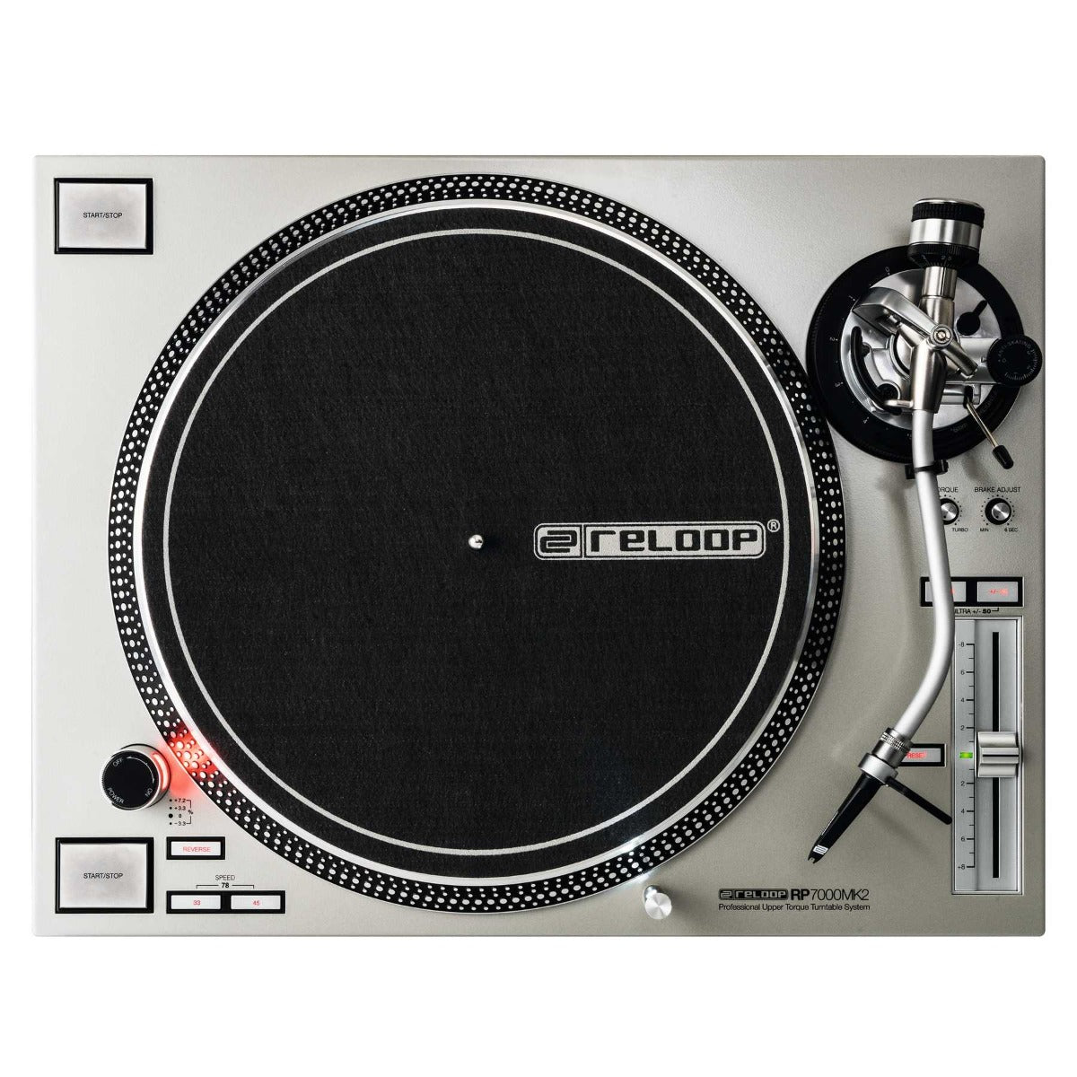 Reloop RP-7000 MK2 DJ turntable, silver, top view