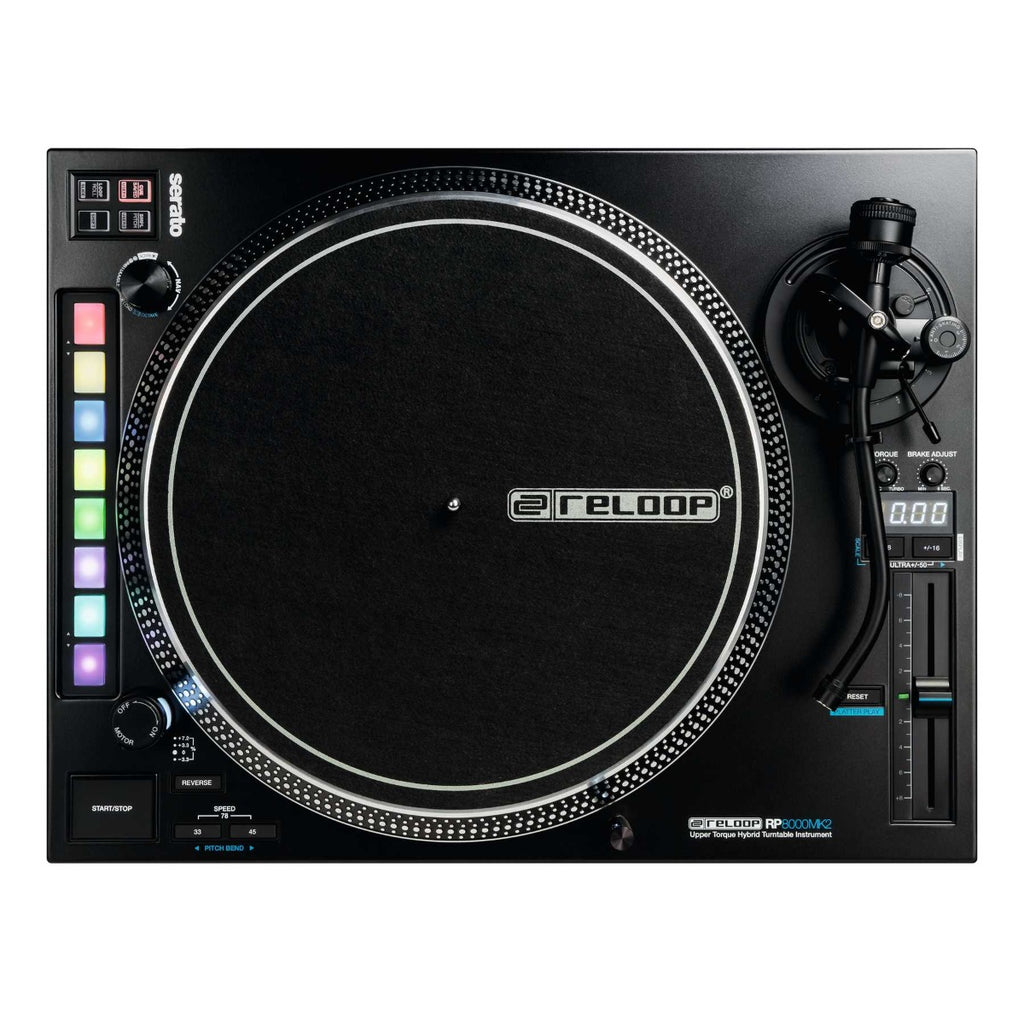 Reloop RP-8000 MK2 DJ turntables with sleek design, adjustable pitch control, and professional-grade build for mixing and scratching.