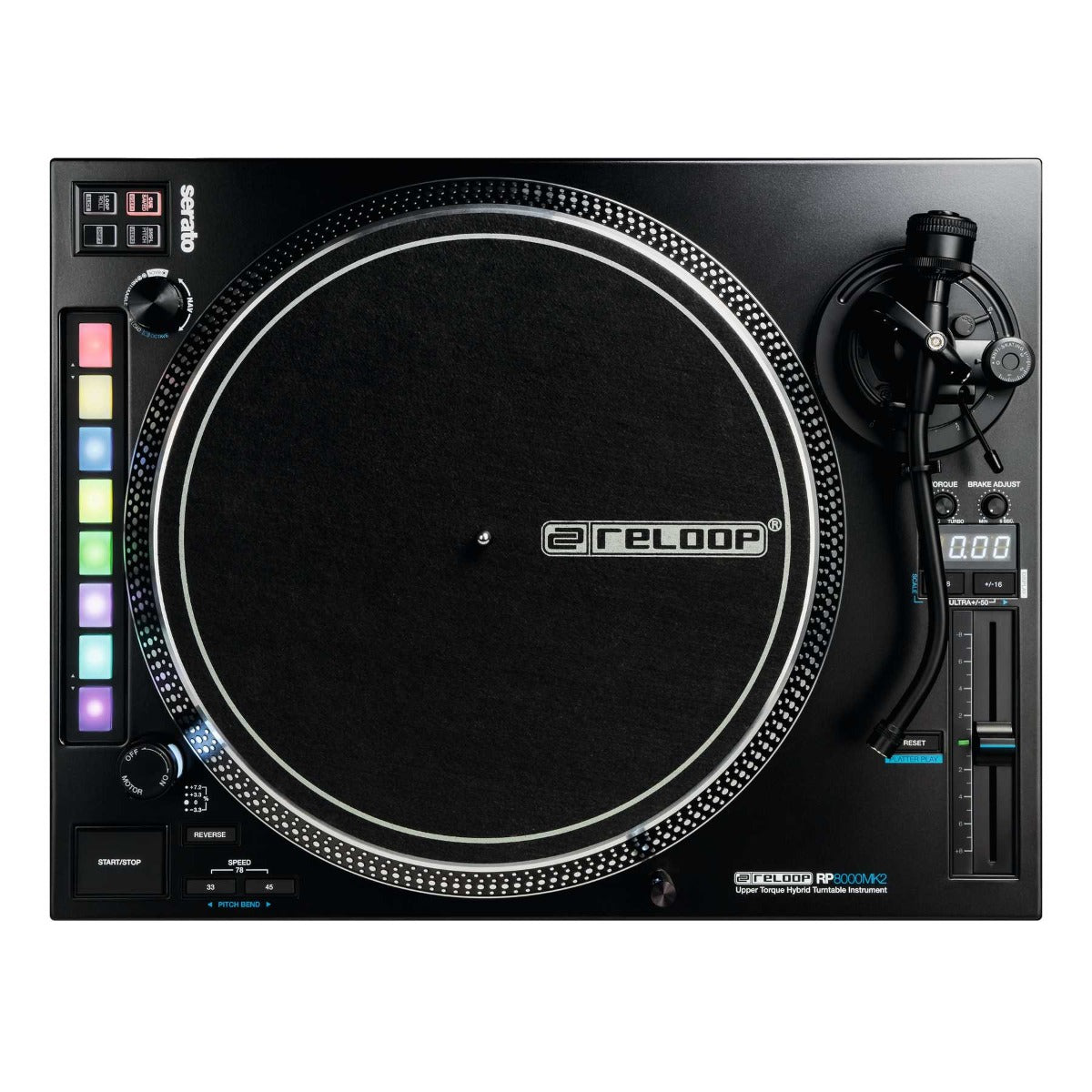 Reloop RP-8000 MK2 DJ turntables with sleek design, adjustable pitch control, and professional-grade build for mixing and scratching.