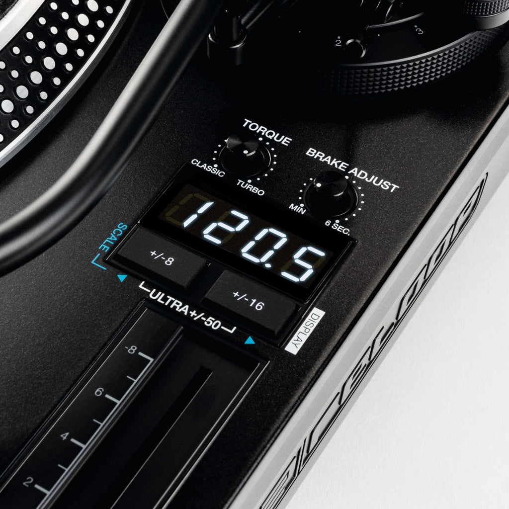 Reloop RP-8000 MK2 DJ turntable with professional controls and sleek black finish, designed for turntablism and mixing.