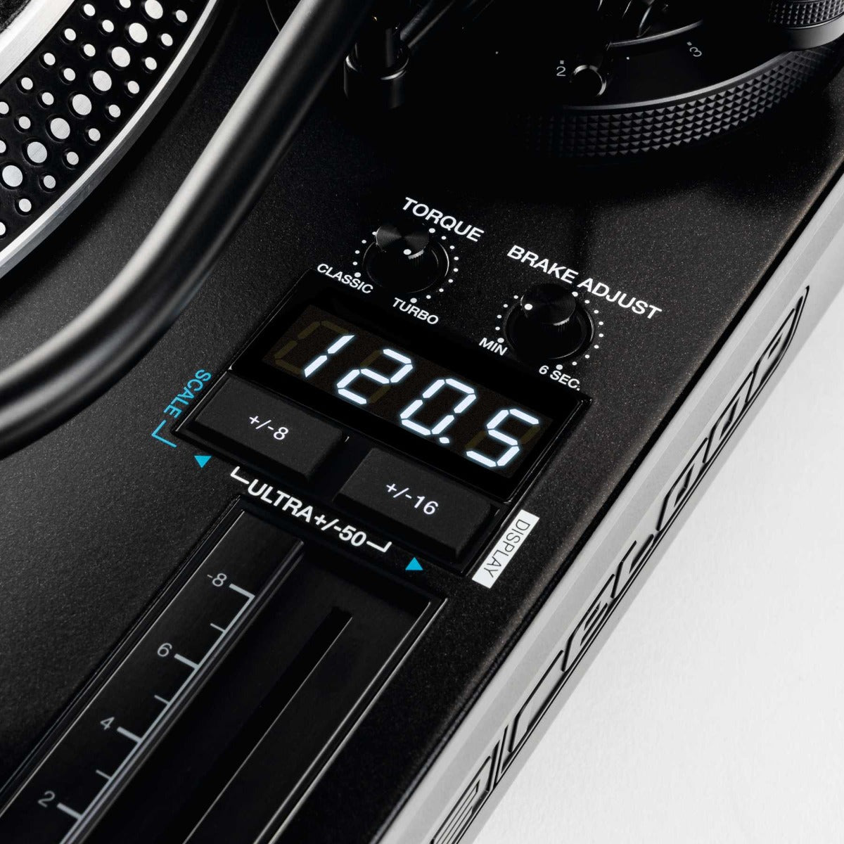 Reloop RP-8000 MK2 DJ turntable with professional controls and sleek black finish, designed for turntablism and mixing.