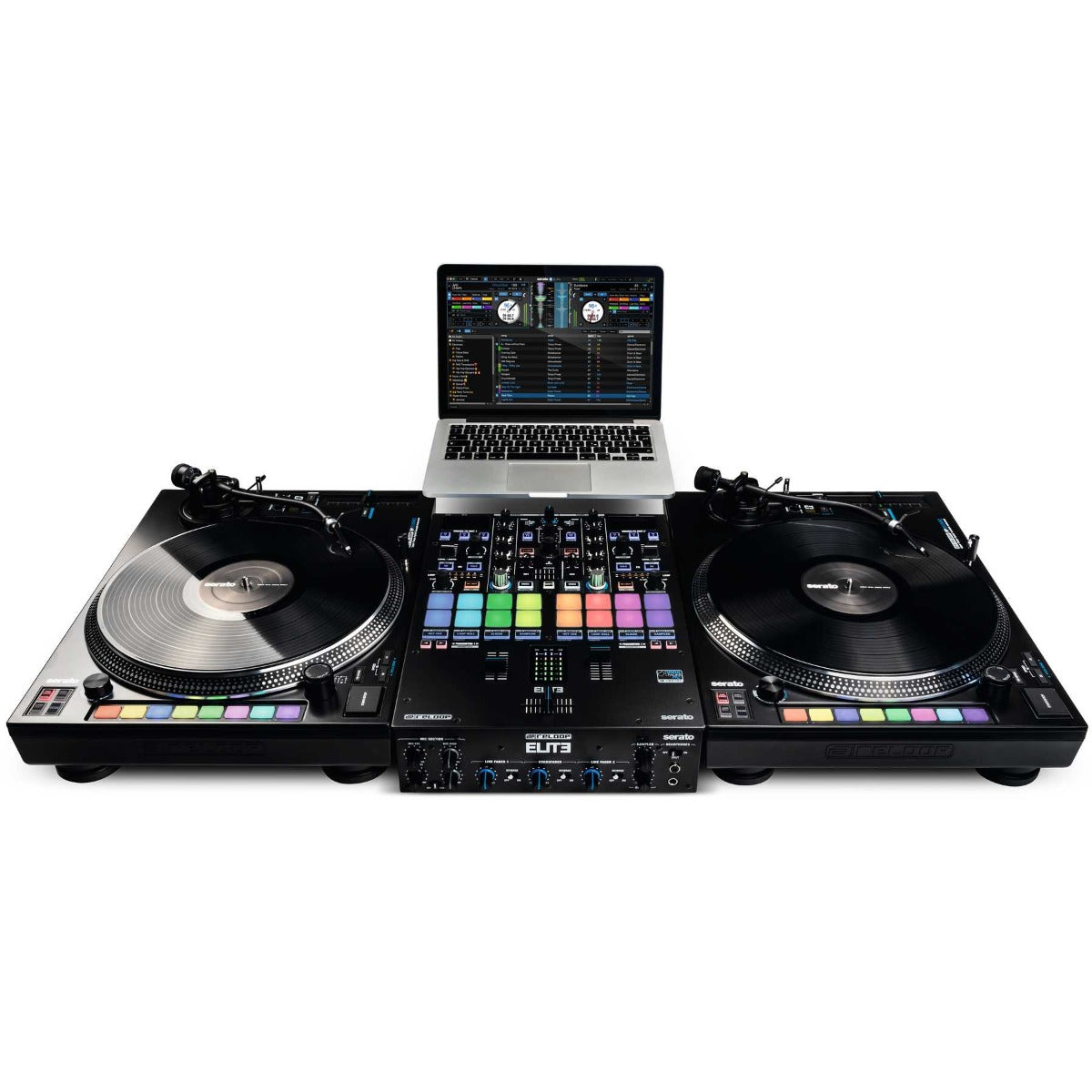 Reloop RP-8000 MK2 DJ turntable with sleek black design and pitch control, featuring professional-grade controls and a sturdy build.