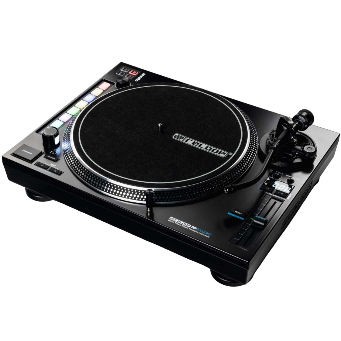 Reloop RP-8000 MK2 DJ turntable with pitch control and sturdy build, featuring a sleek black design and professional audio equipment.