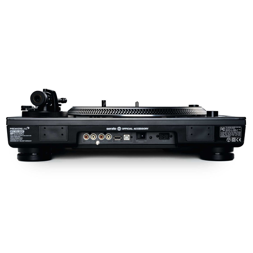 Reloop RP-8000 MK2 DJ turntable with black platter and controls, professional DJ equipment for mixing and scratching.