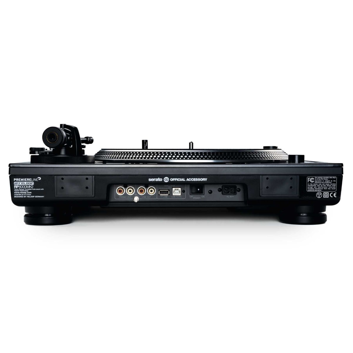 Reloop RP-8000 MK2 DJ turntable with black platter and controls, professional DJ equipment for mixing and scratching.