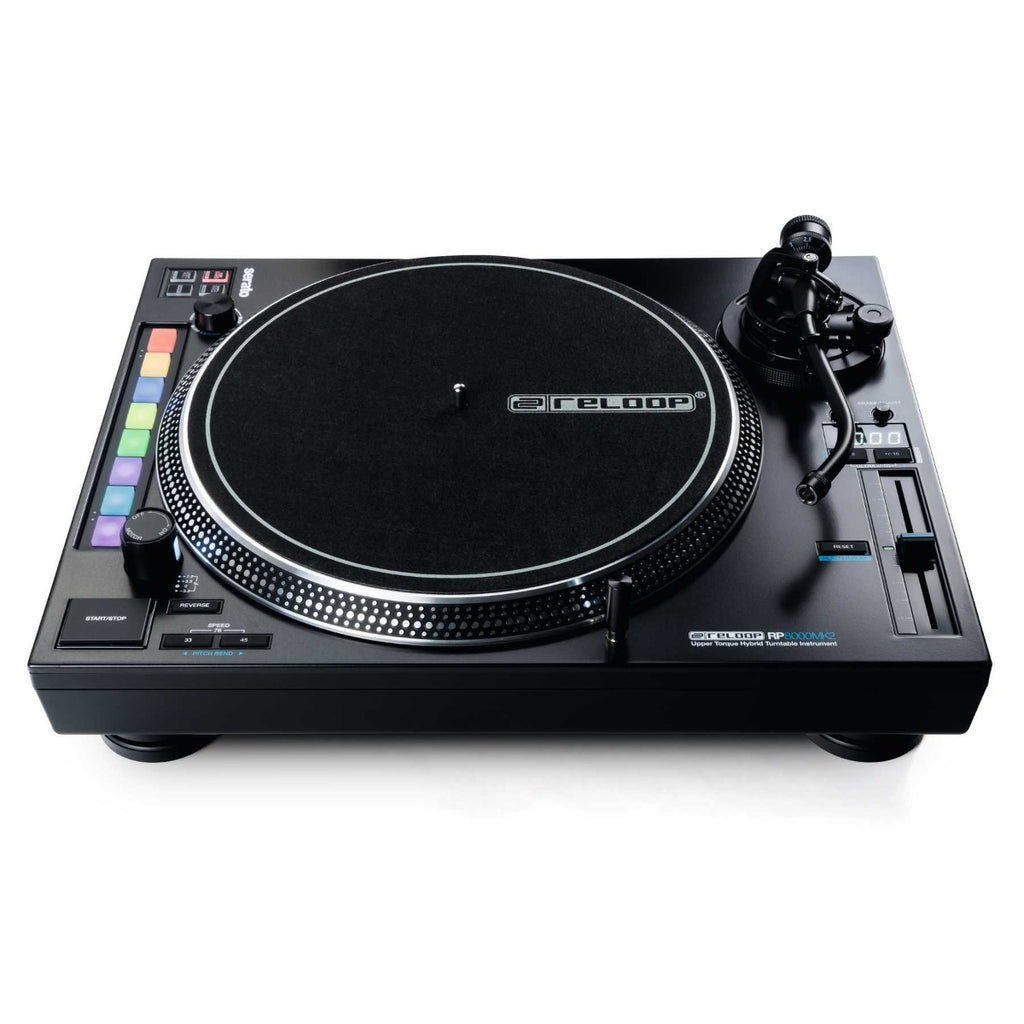 Reloop RP-8000 MK2 DJ turntable with professional controls and sleek black design, used for vinyl mixing and DJ performances.