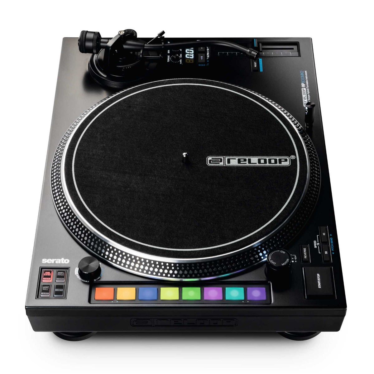 Reloop RP-8000 MK2 DJ turntable with professional controls and sturdy build, shown from a side angle with detailed platter and tonearm.