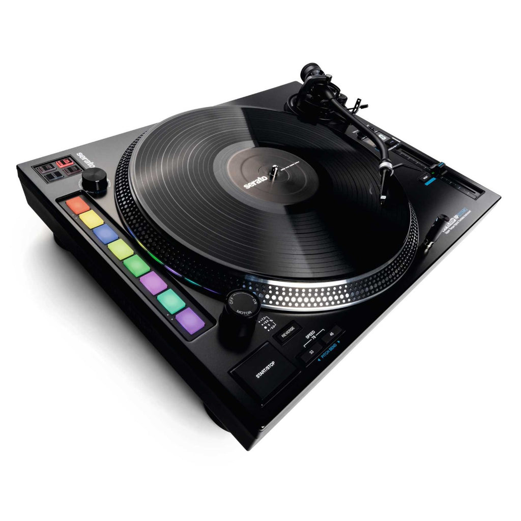 Reloop RP-8000 MK2 DJ turntable with illuminated platter and tonearm, featuring professional controls for mixing and scratching.