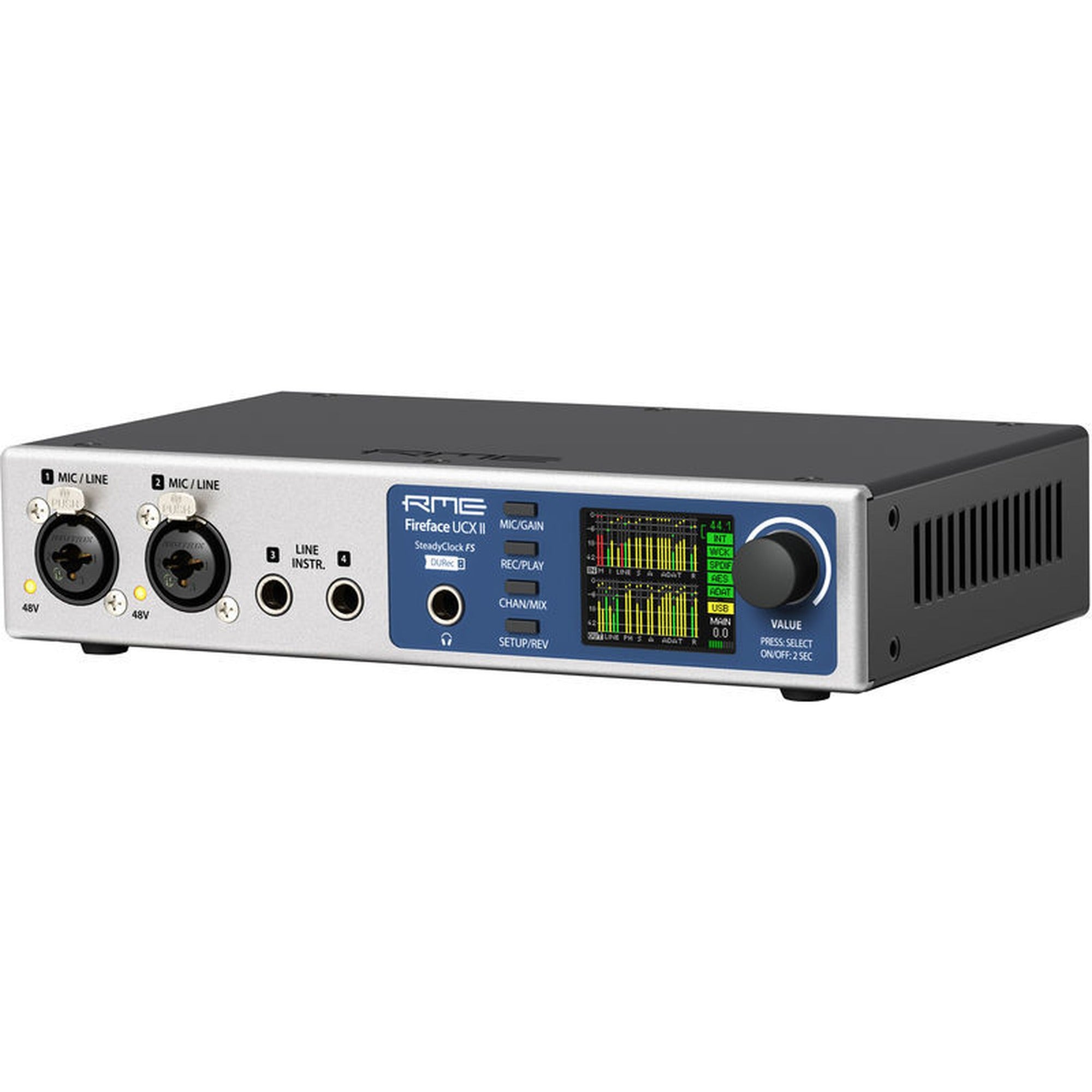 RME Fireface UCX II audio interface with front and back panels showing input and output connections, compact professional design