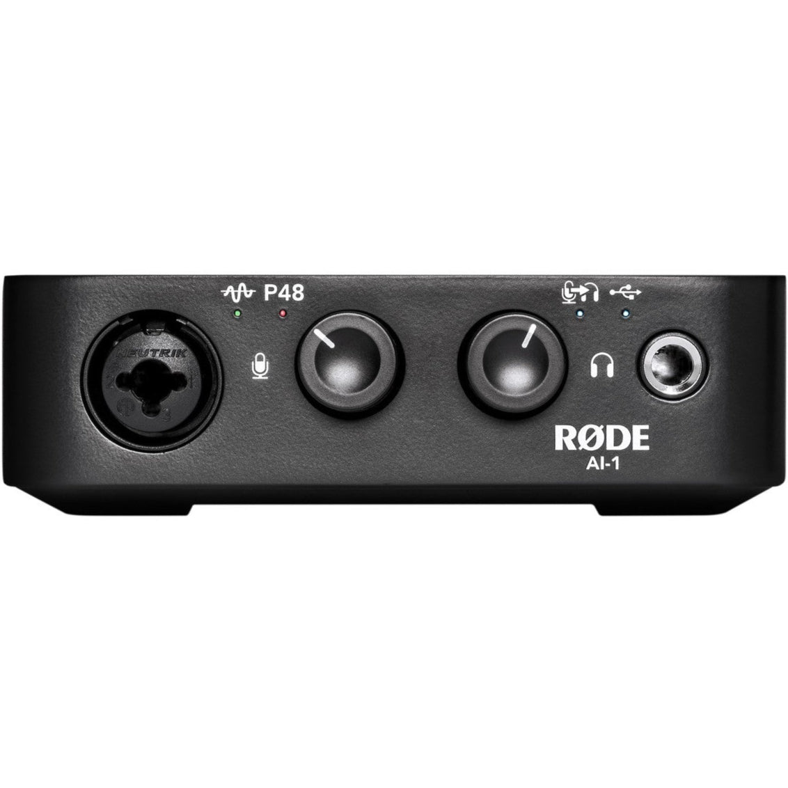 Rode AI-1 audio interface with sleek design, multiple input ports, and professional-grade audio equipment for high-quality sound recording.