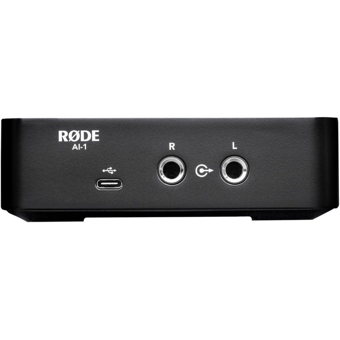 Rode AI-1 audio interface with sleek design, featuring input and output ports, used for professional audio recording and streaming.