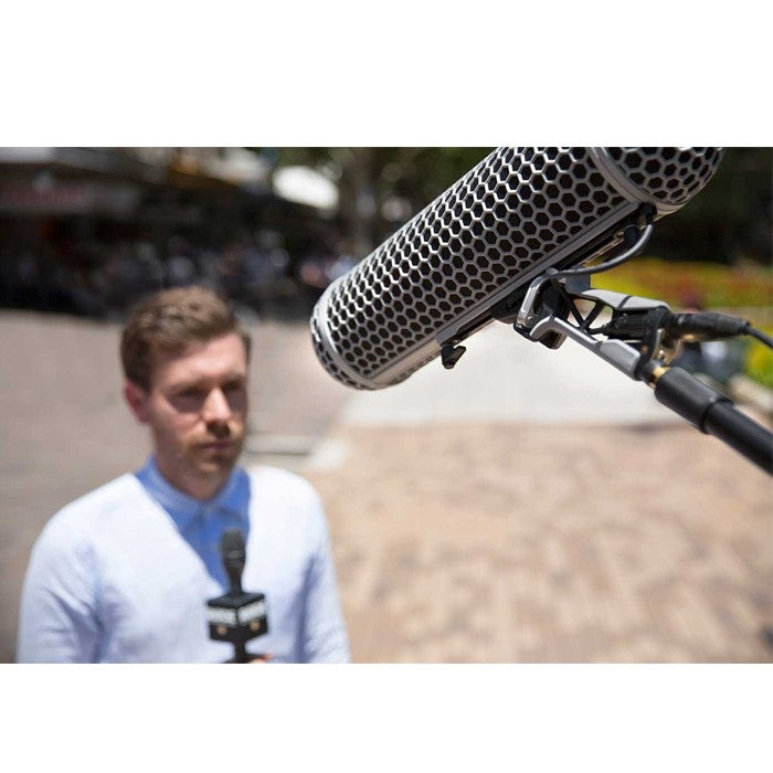 Rode Blimp microphone windscreen and deadcat for outdoor audio recording, reducing wind noise from Rode brand.