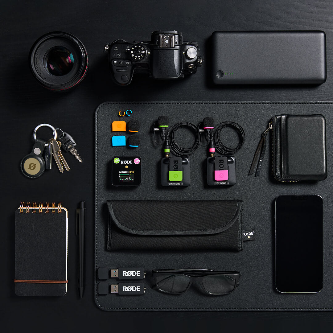 Rode Colors 3 wireless microphone accessories in a flatlay on black background, showcasing colorful components and Rode branding.