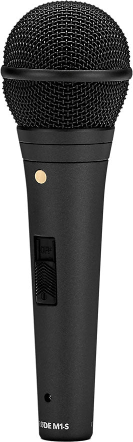 Rode M1-S dynamic microphone on a stand, showing its sleek black body and cardioid capsule for live vocals and performances.