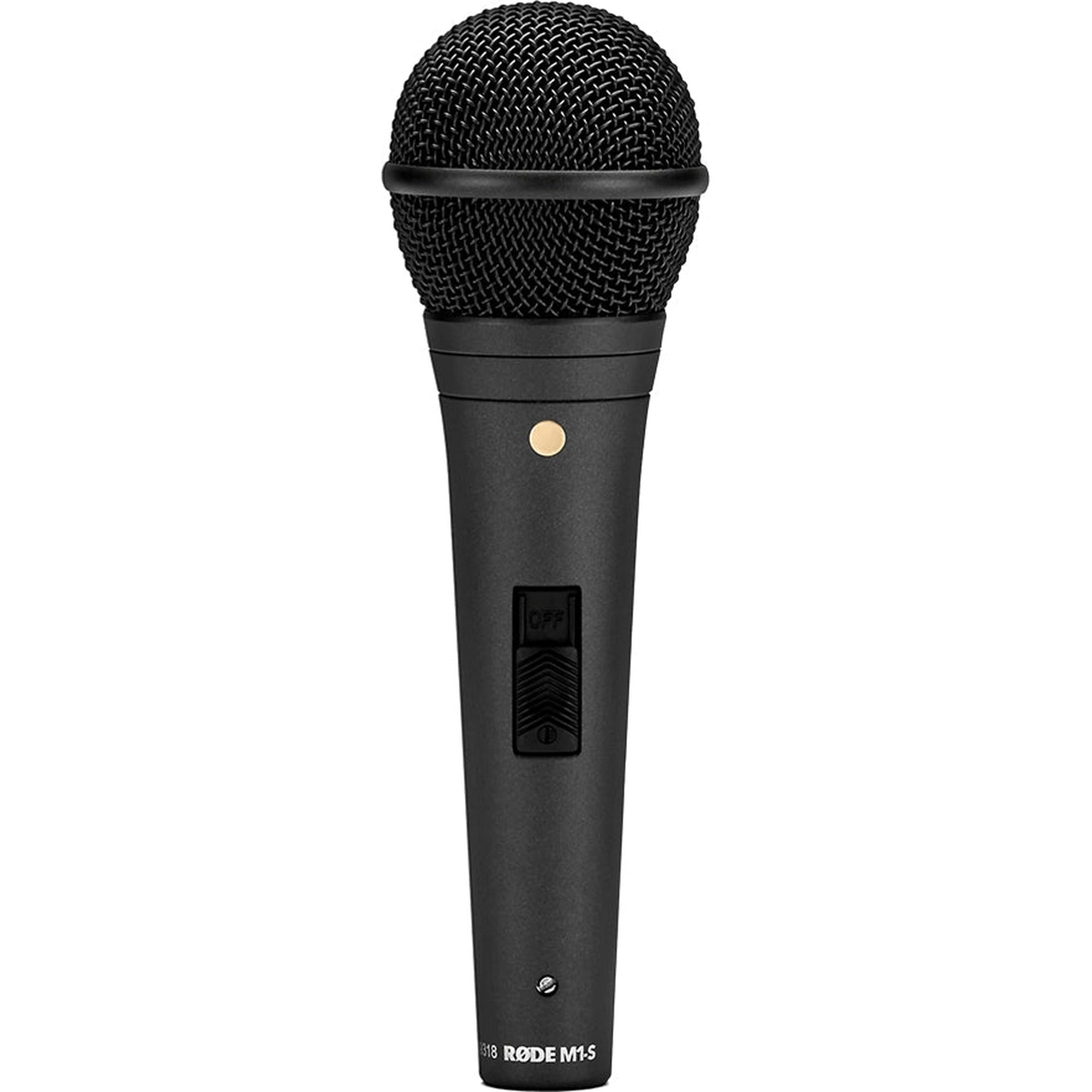Rode M1-S dynamic microphone with black body and grille, ideal for live vocals and stage performances.
