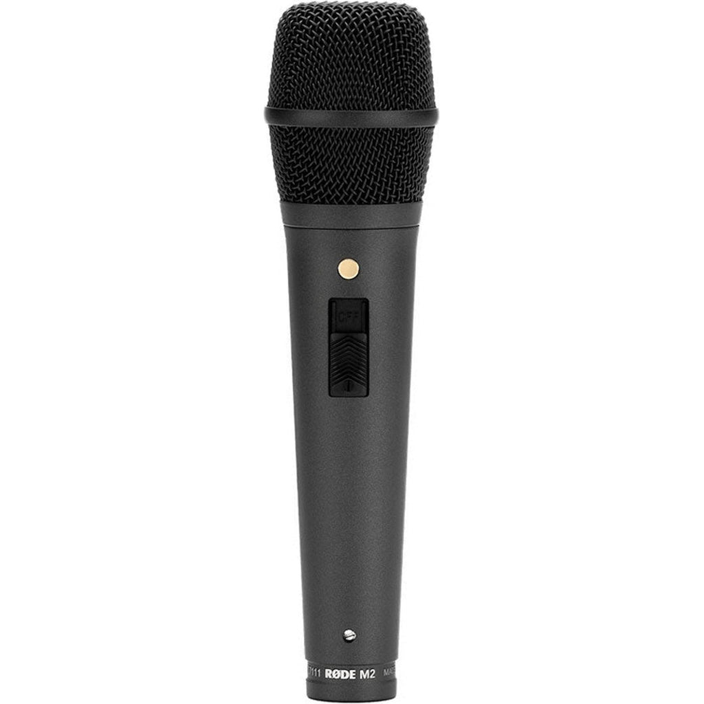 Rode M2 condenser microphone with black body and grille, mounted on a stand, ready for professional audio recording.