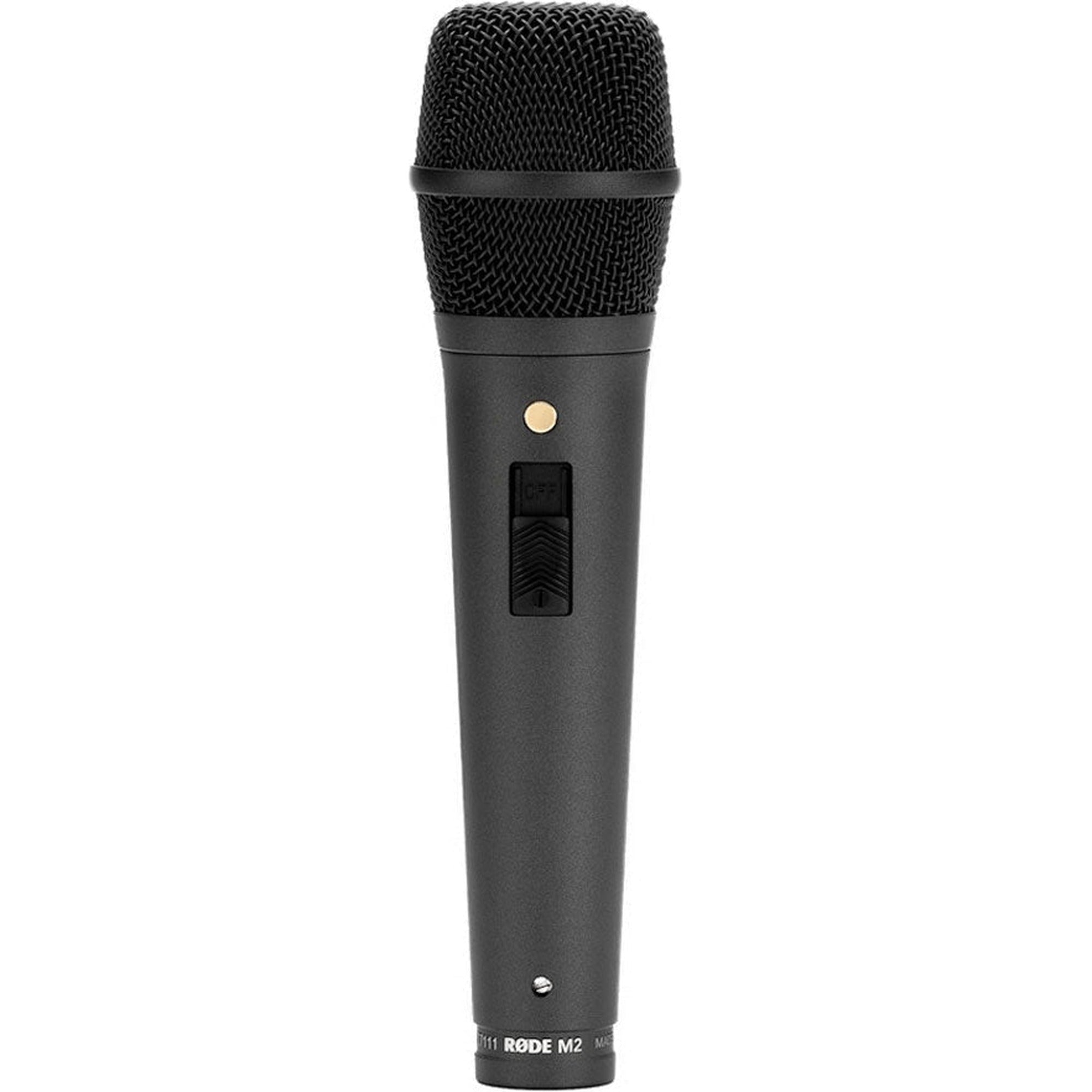 Rode M2 condenser microphone with black body and grille, mounted on a stand, ready for professional audio recording.