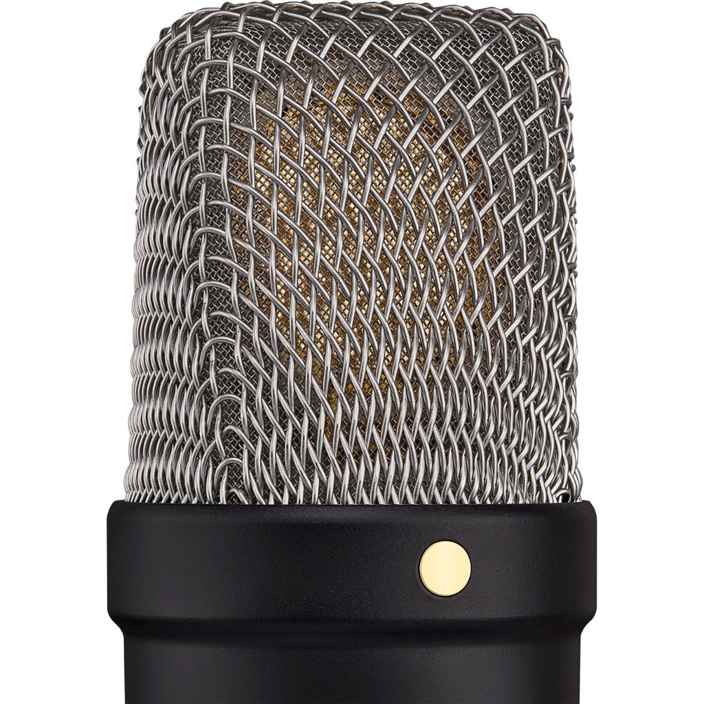Rode NT1 GEN5 condenser microphone, black, close-up of grille