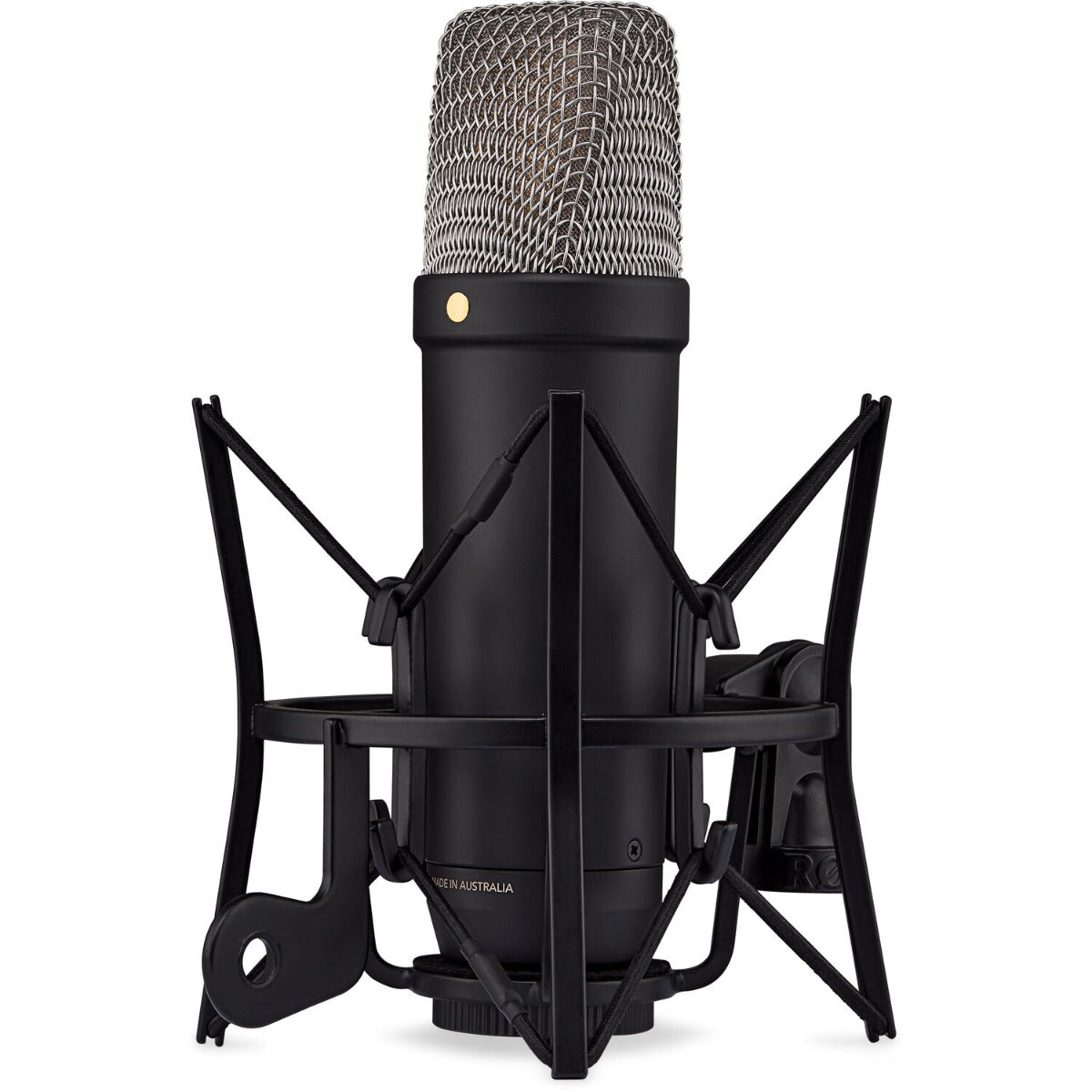 Rode NT1 GEN5 condenser microphone, black in shock mount, angle