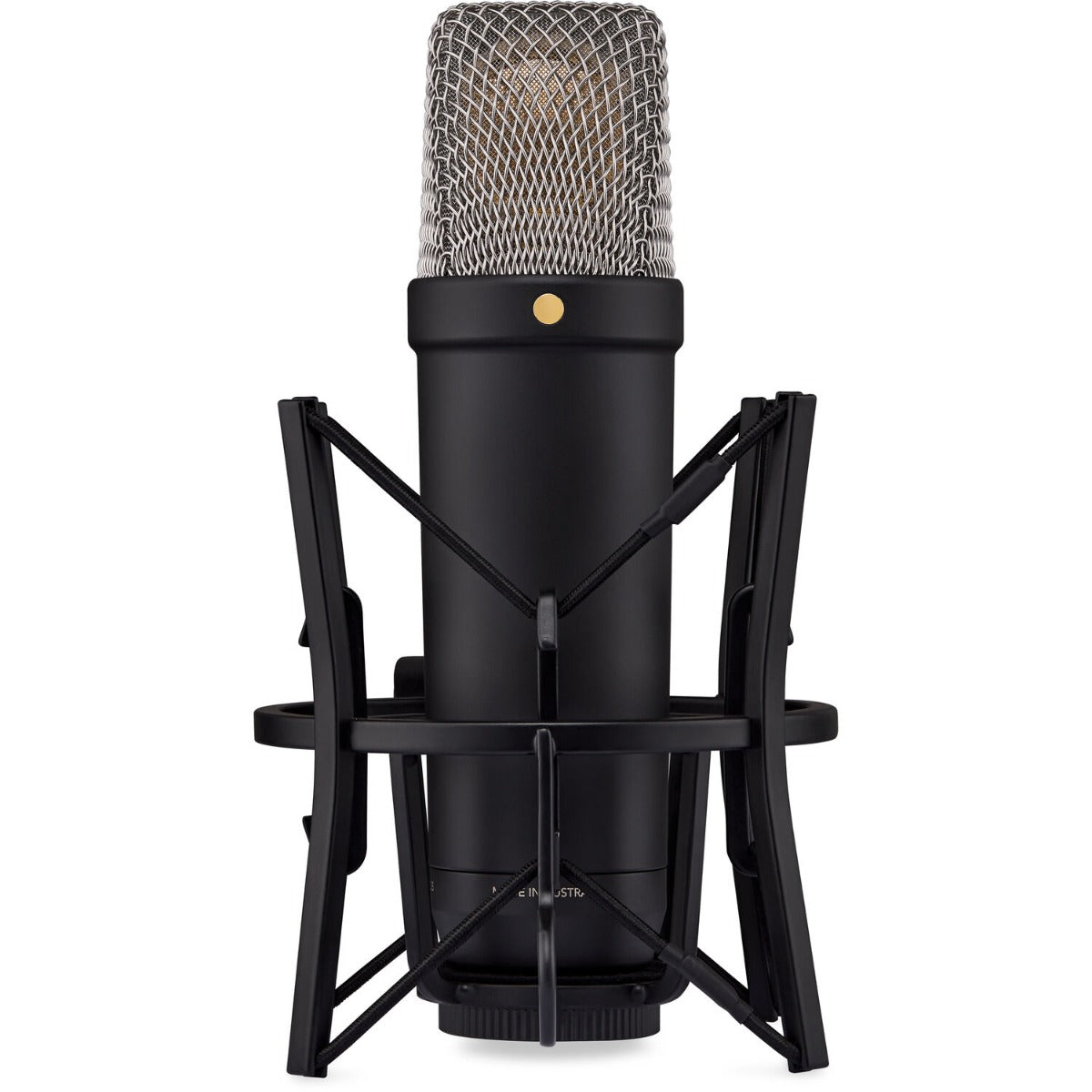 Rode NT1 GEN5 condenser microphone, black in shock mount, front