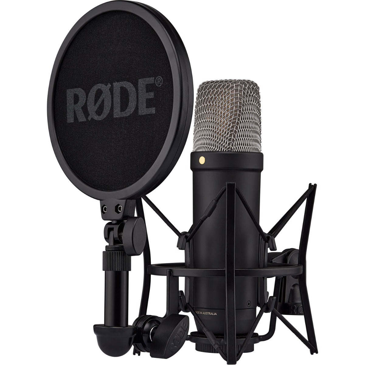 Rode NT1 GEN5 condenser microphone, black hero with shock mount and pop filter