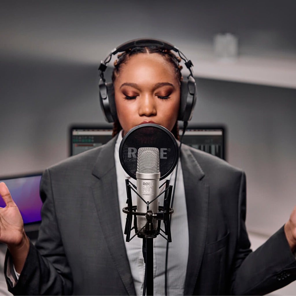 Rode NT1 GEN5 condenser microphone, lifestyle with vocalist recording