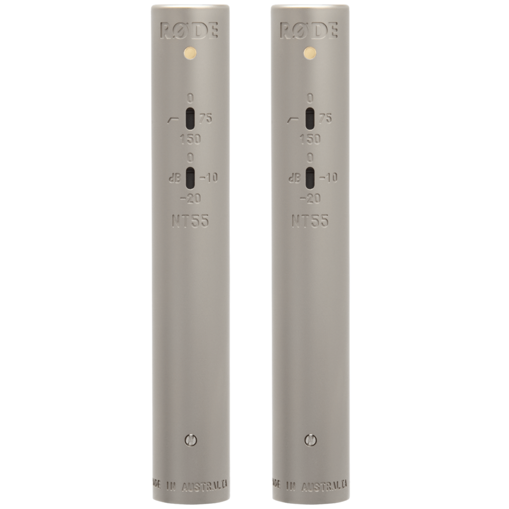 Pair of Rode NT55 condenser microphones shown from the body only, featuring compact design and professional audio equipment quality.