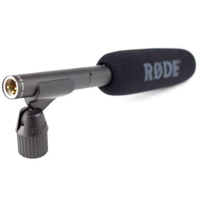 Rode NTG2 shotgun microphone mounted on a professional boom pole for high-quality audio recording.