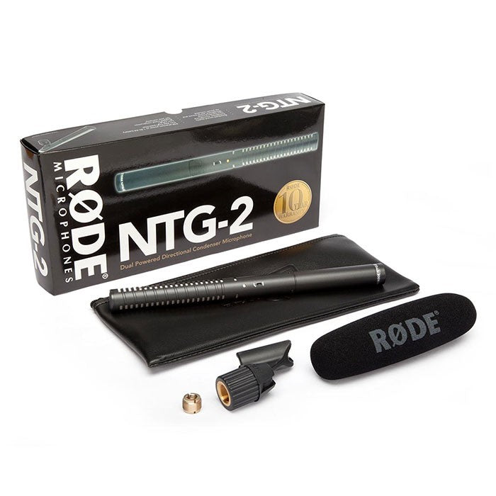 Rode NTG2 shotgun microphone mounted on a boom pole, professional audio equipment for high-quality sound recording.