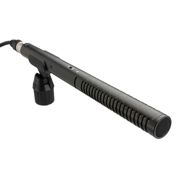 Rode NTG2 shotgun microphone mounted on a boom pole, professional audio recording equipment for clear sound capture.