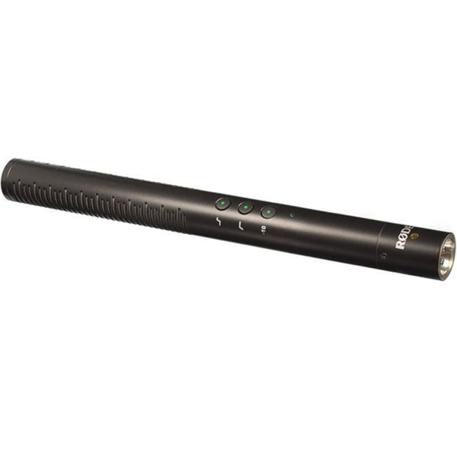Rode NTG4 shotgun microphone mounted on a boom pole for professional audio recording in a studio or field setting.