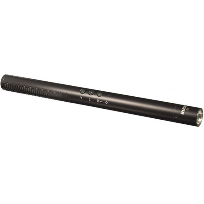 Rode NTG4+ shotgun microphone mounted on a camera rig, showing its cylindrical design and professional audio recording features.