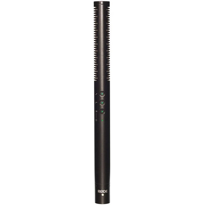 Shotgun microphone Rode NTG4+ with black body and directional design, used for professional audio recording and film production.