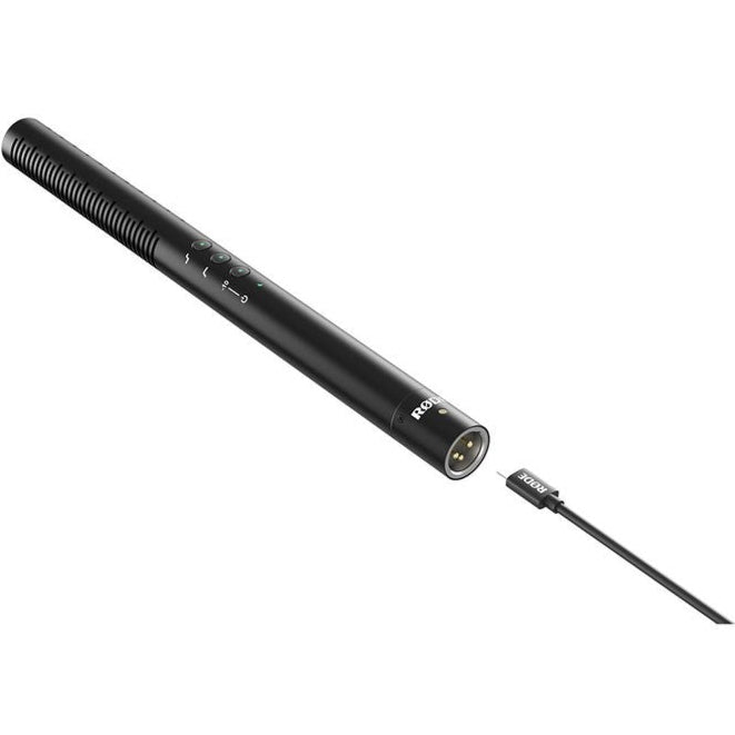 Rode NTG4+ shotgun microphone mounted on a camera rig, showing its sleek design and professional audio recording features.