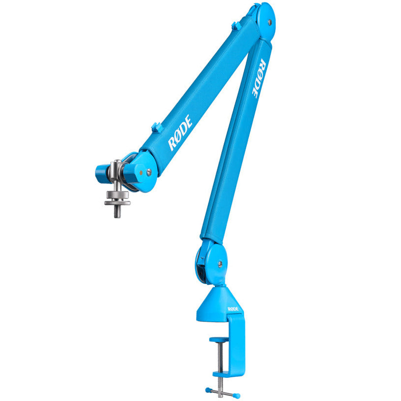 Rode PSA1+ microphone boom arm, in blue, angled view